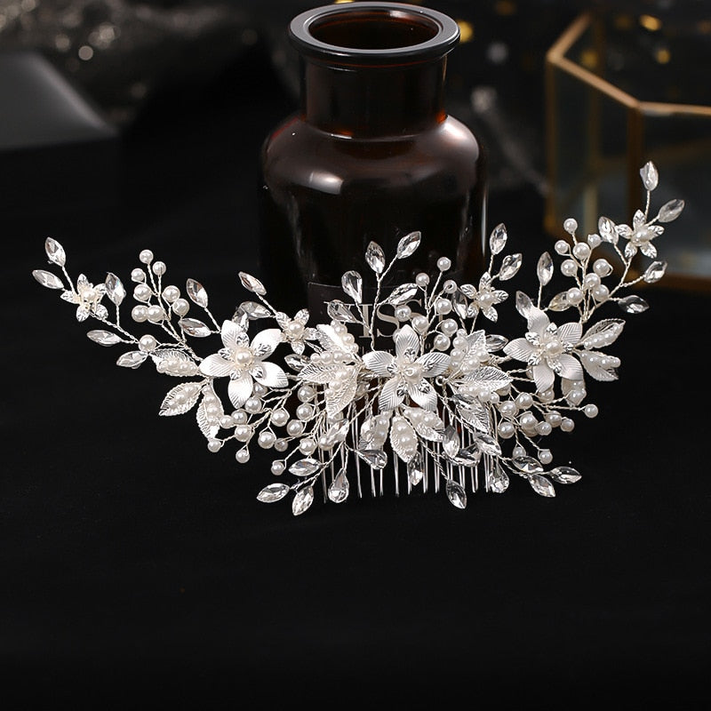 Silver Flower Hair Comb Jewellery Girls Handmade Pearl Hair Pin Hair Comb Bridal Tiaras Wedding Hair Accessory Jewellery