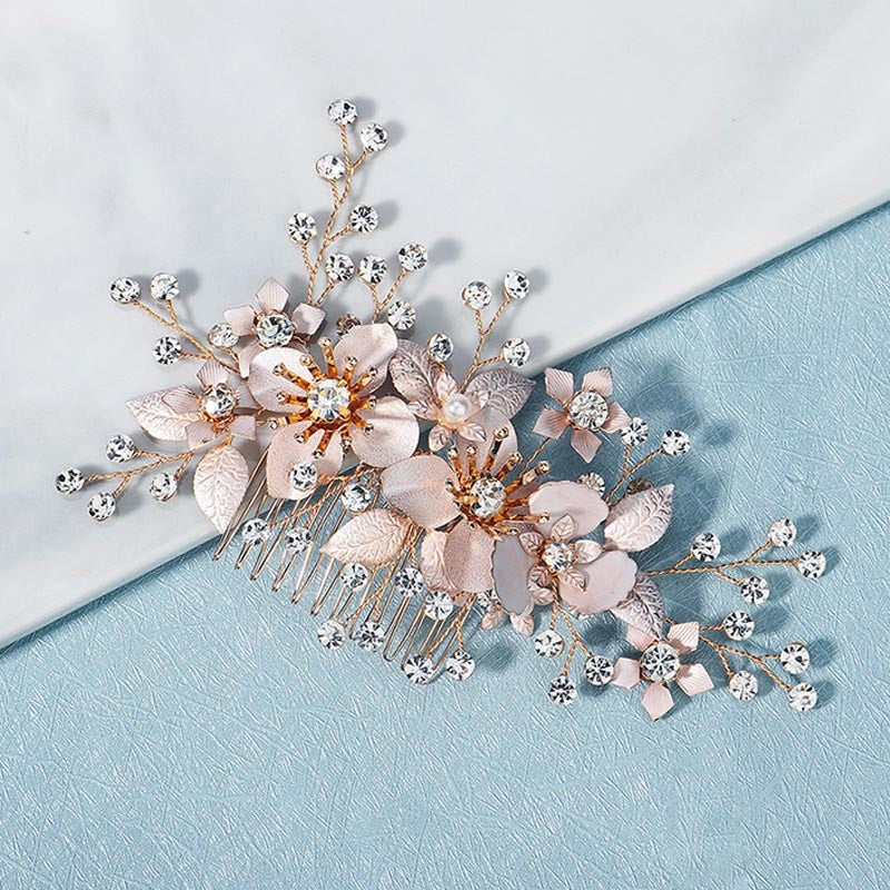 rose gold pink floral diamond leaf wedding hair accessory