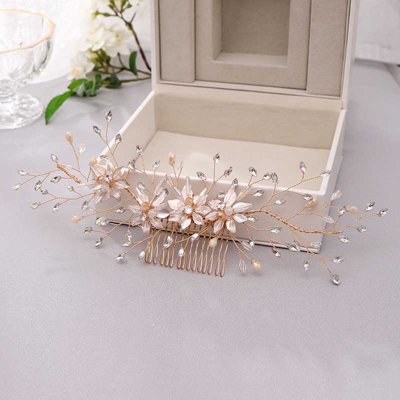 cute pink rose gold floral flower diamond wedding hair accessory