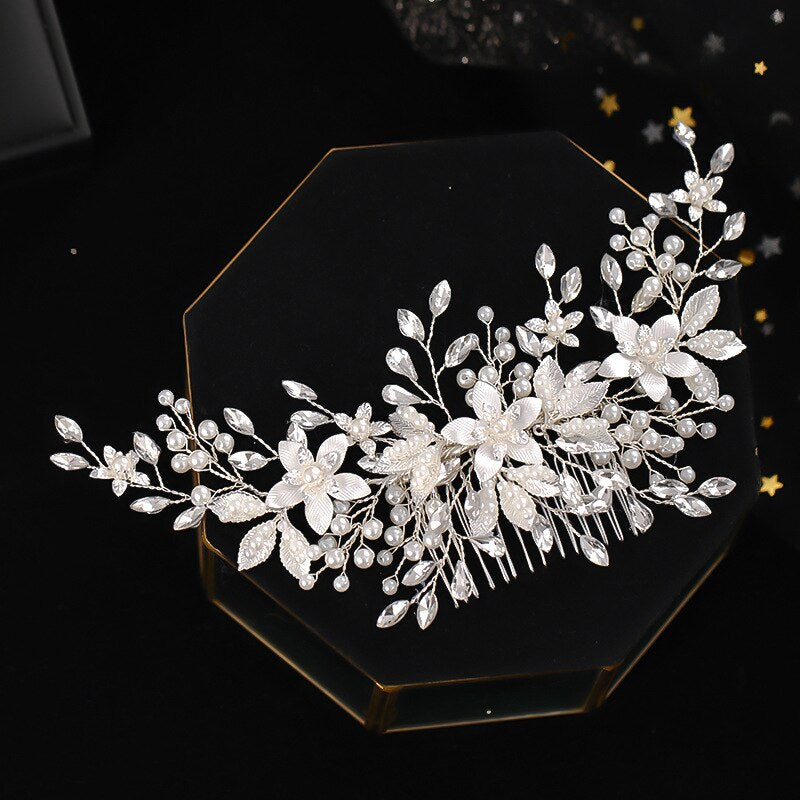 Silver Flower Hair Comb Jewellery Girls Handmade Pearl Hair Pin Hair Comb Bridal Tiaras Wedding Hair Accessory Jewellery