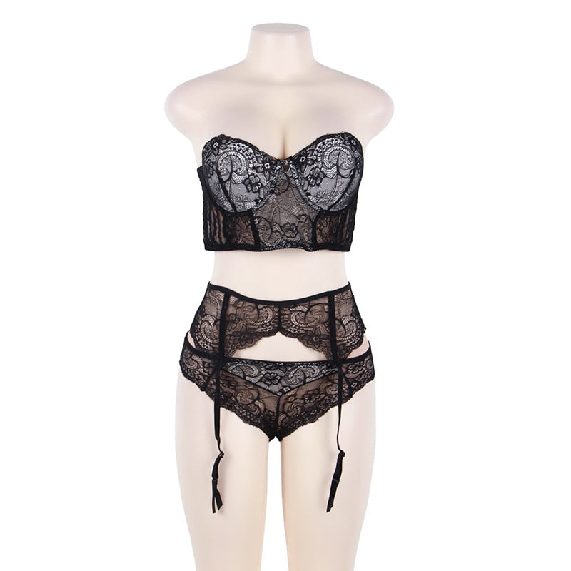 Sexy Lace Bra Lingerie Set Womens Bra Garter Belt (Plus Size M-5XL)