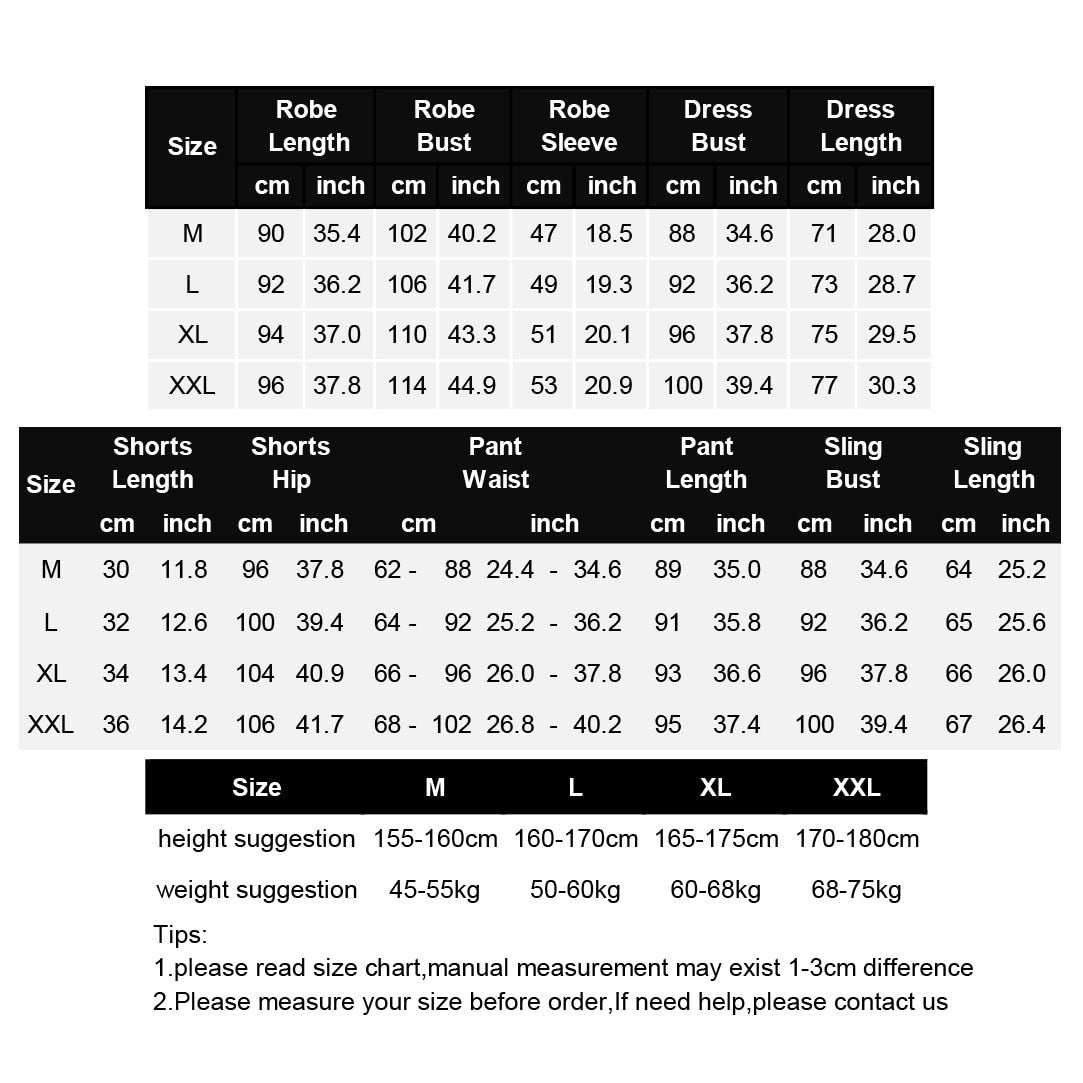 Sexy Robe Set Size Chart