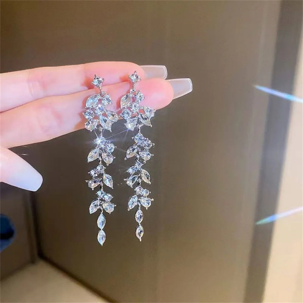 Sliver Maple Leaf Zircon Tassel Long Earrings