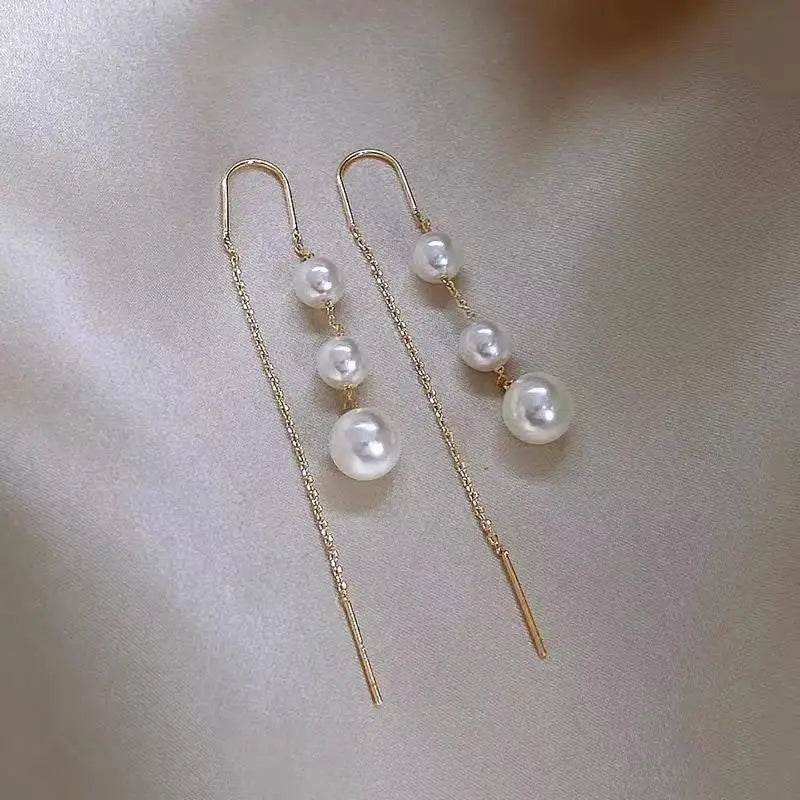 Korean Exquisite Imitation Pearl Tassel Drop Earrings