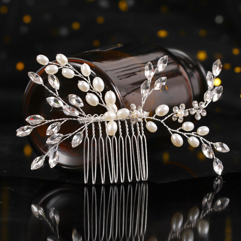 diamond silver pearl wedding hair piece