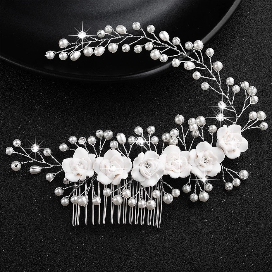 silver pearl floral wedding hair piece