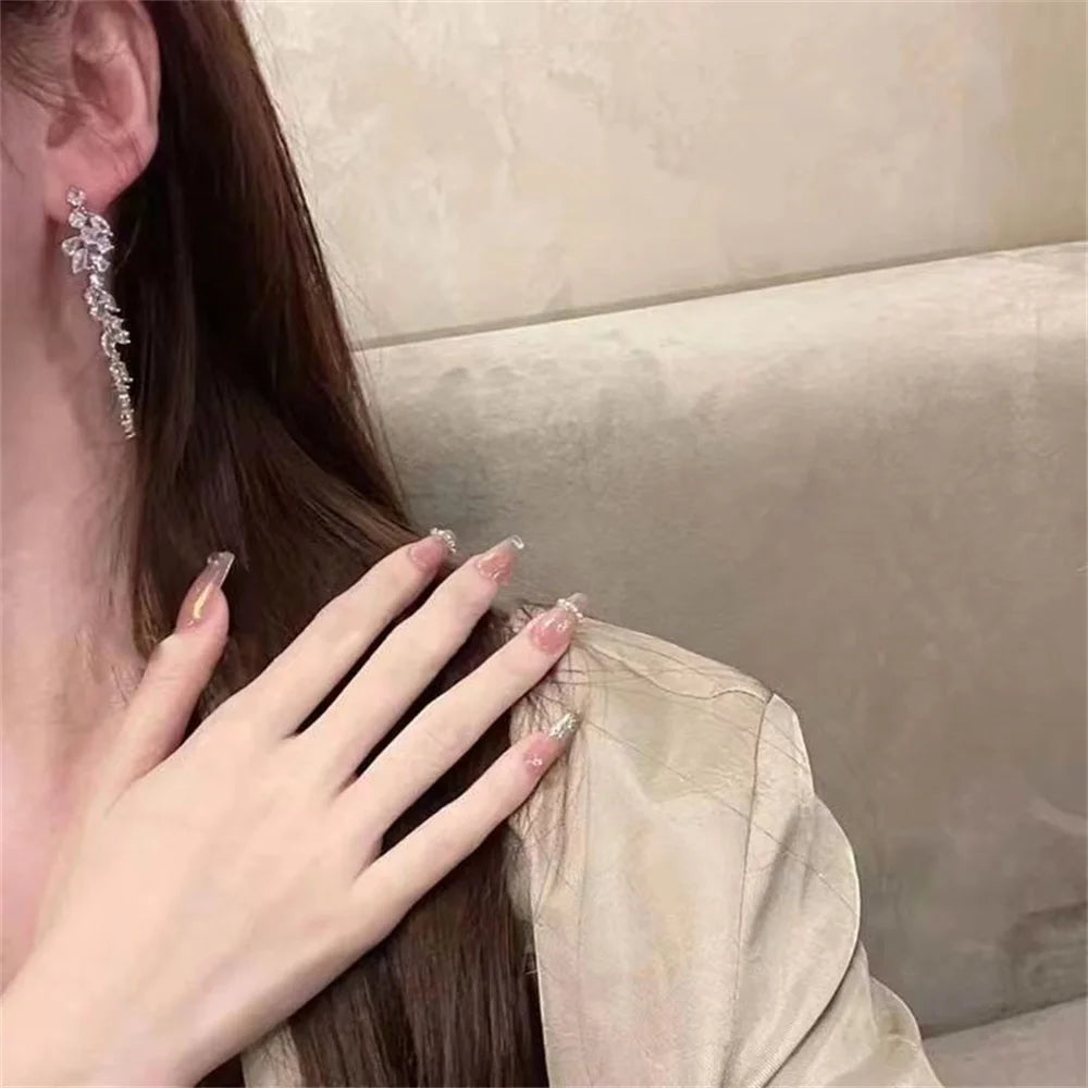Sliver Maple Leaf Zircon Tassel Long Earrings