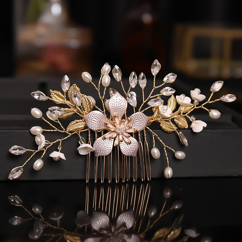 gold and rose gold diamond leaf floral wedding hair accessory