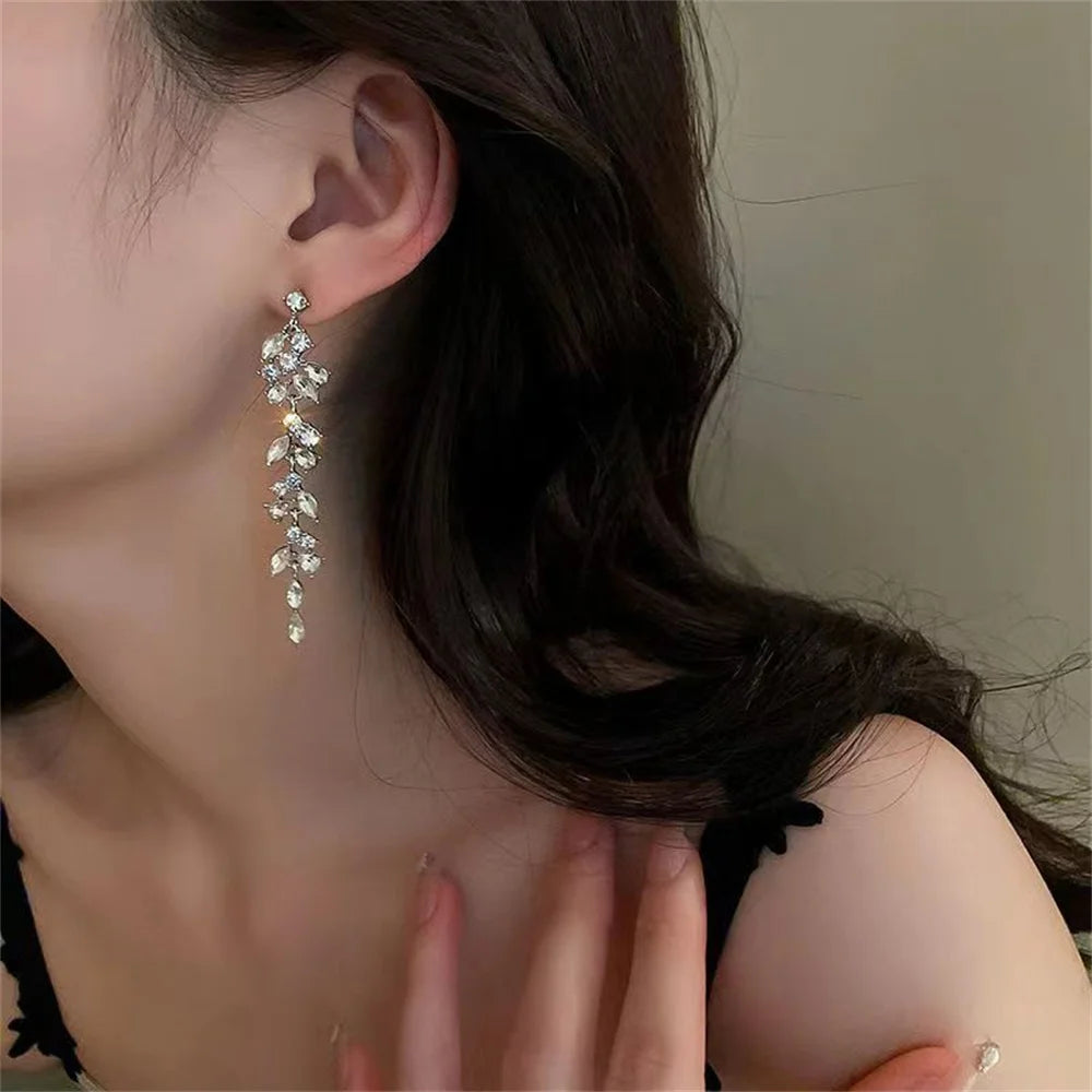 Sliver Maple Leaf Zircon Tassel Long Earrings