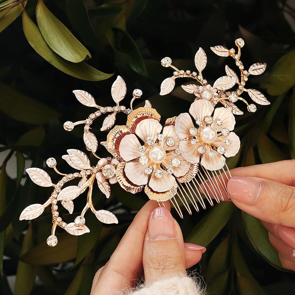 golden traditional diamond pink rose gold floral flower wedding hair accessory