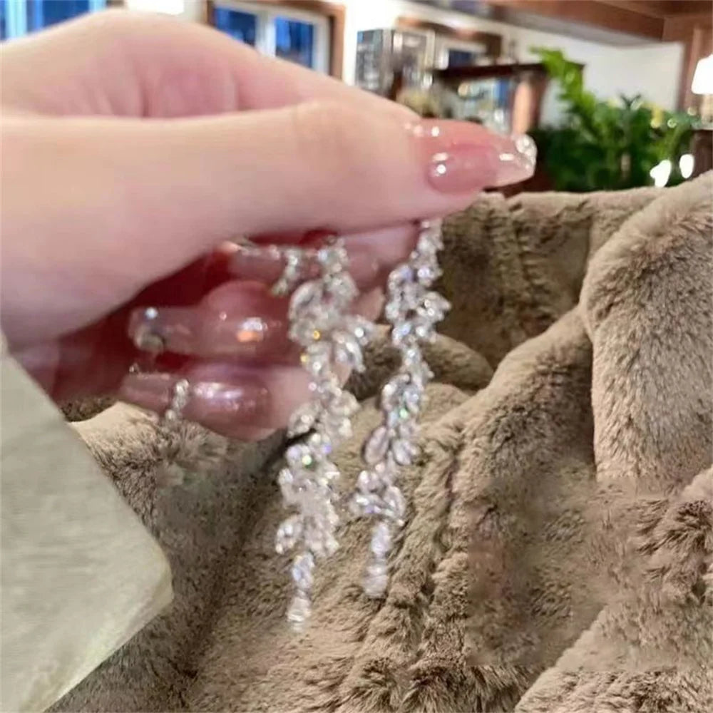 Sliver Maple Leaf Zircon Tassel Long Earrings