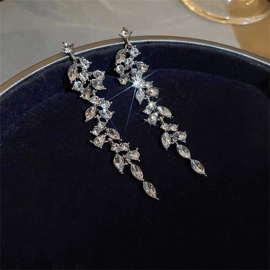 Sliver Maple Leaf Zircon Tassel Long Earrings