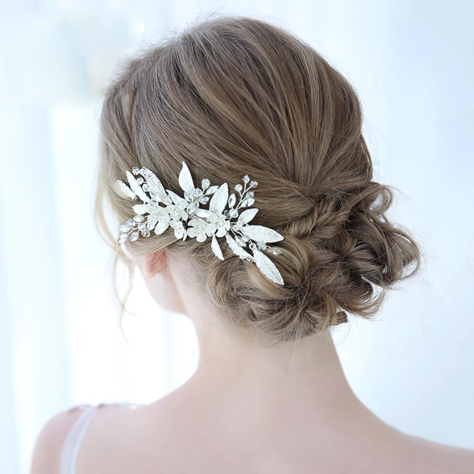 white silver diamond leaf wedding hair accessory