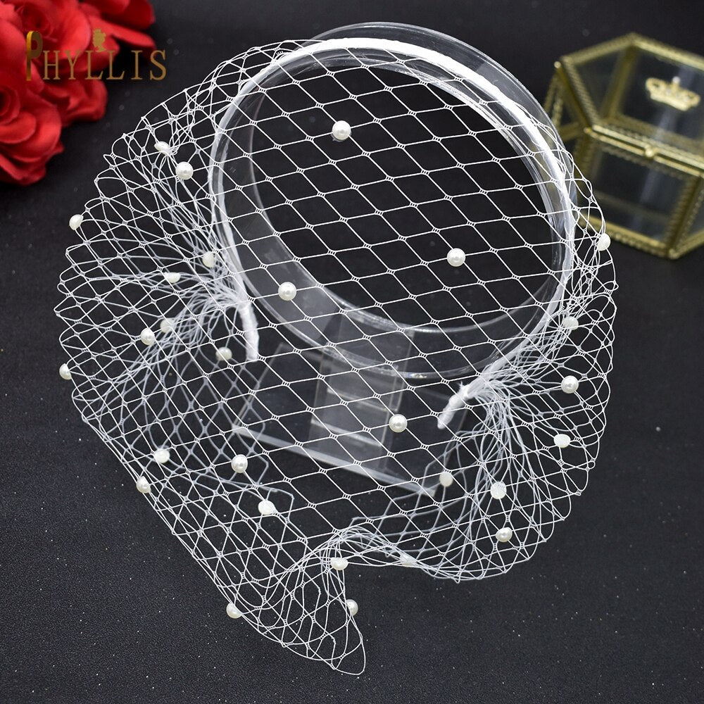 White Headband Veil Birdcage with beads