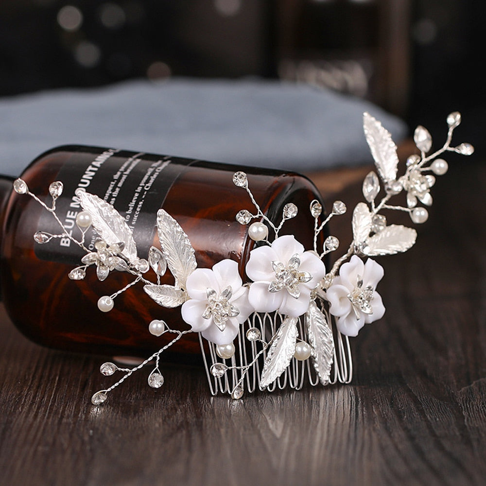Silver Flower Hair Comb Jewellery Girls Handmade Pearl Hair Pin Hair Comb Bridal Tiaras Wedding Hair Accessory Jewellery