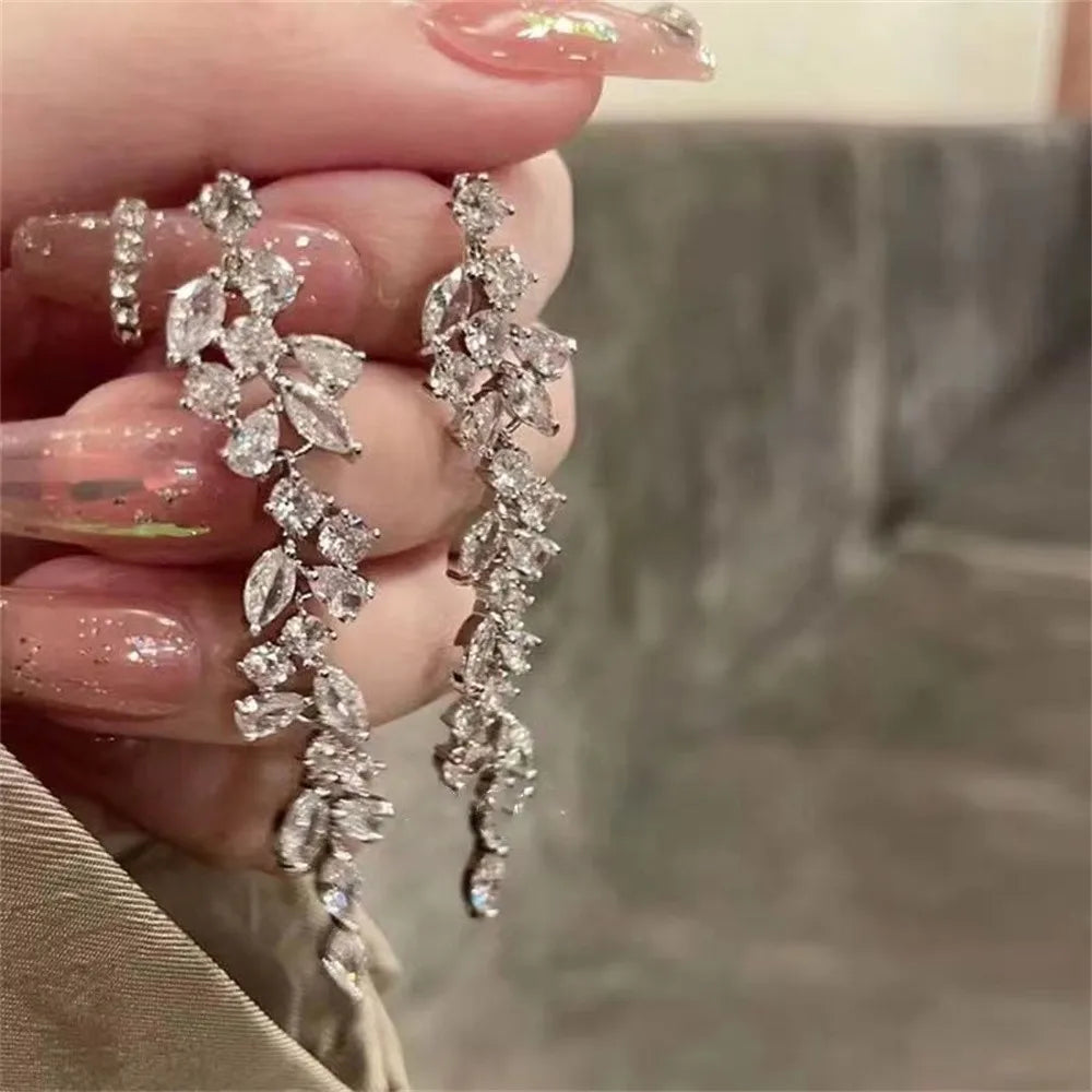 Sliver Maple Leaf Zircon Tassel Long Earrings