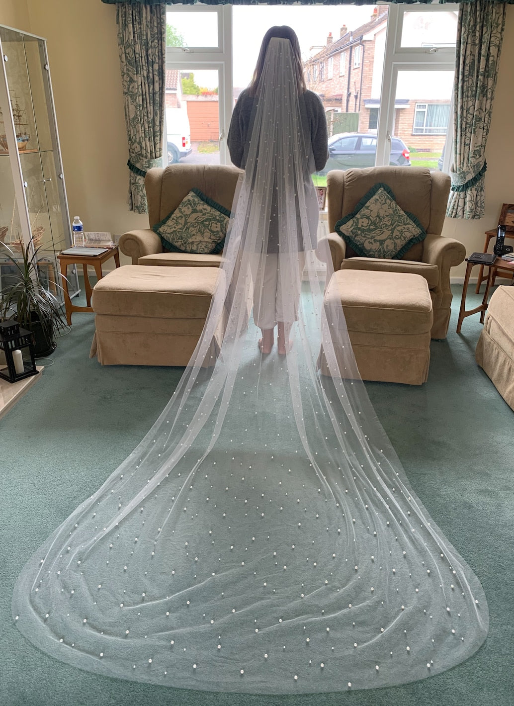 Pearls White Ivory Long Bridal Veil With Comb One Layer Cathedral Wedding Veil with Pearls Crystal Beads 75-300cm