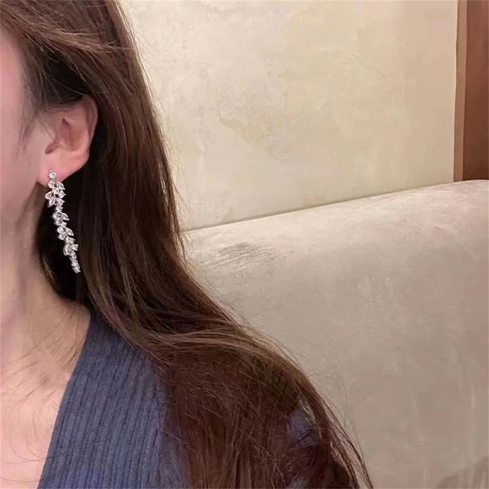Sliver Maple Leaf Zircon Tassel Long Earrings