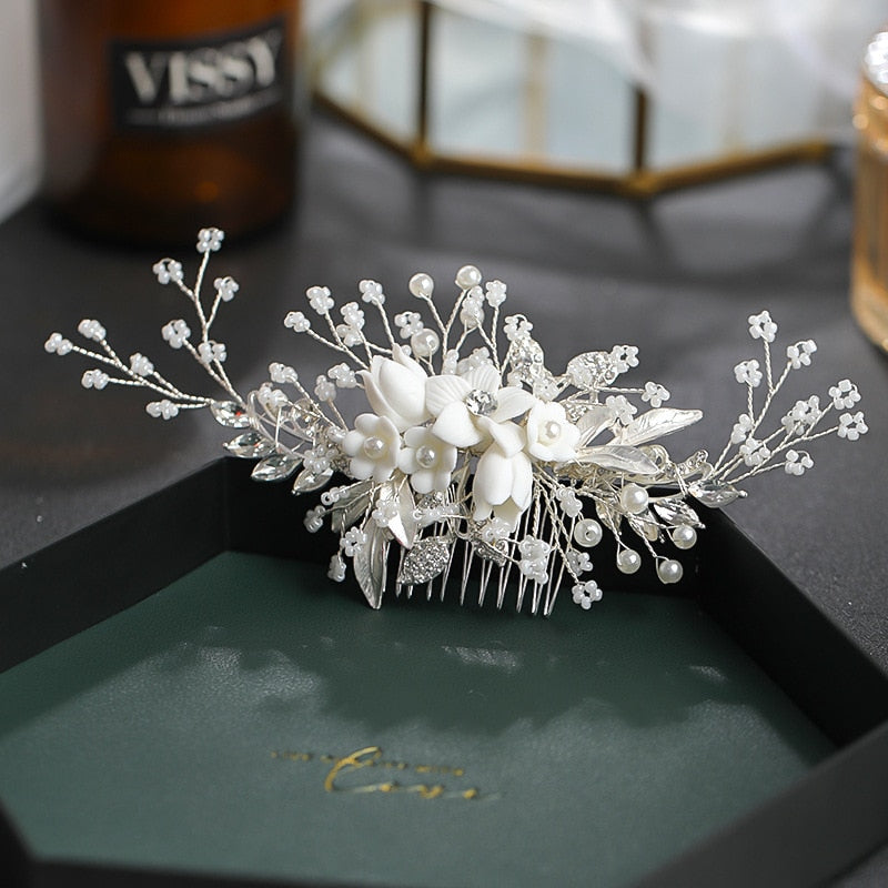 Silver Flower Hair Comb Jewellery Girls Handmade Pearl Hair Pin Hair Comb Bridal Tiaras Wedding Hair Accessory Jewellery