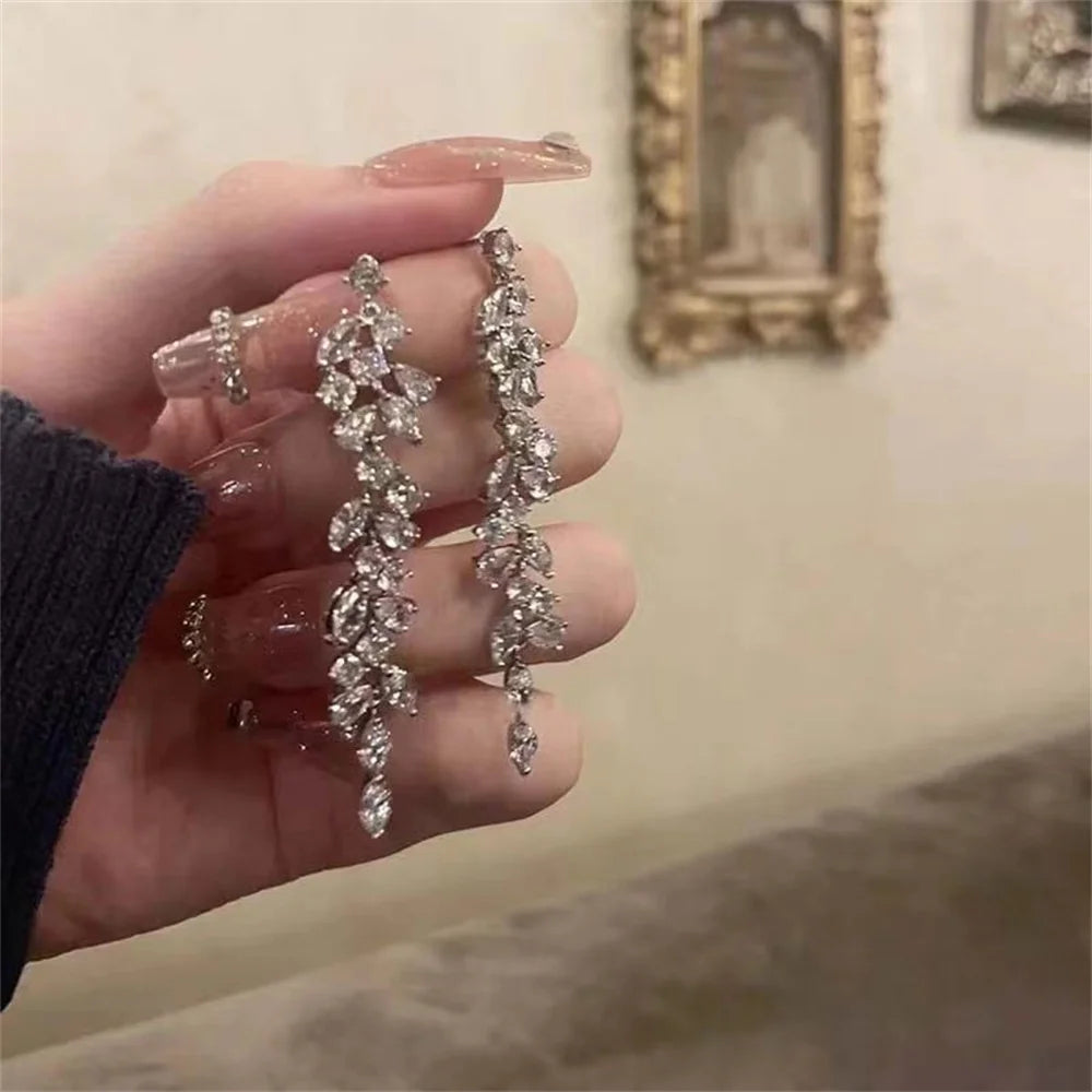 Sliver Maple Leaf Zircon Tassel Long Earrings