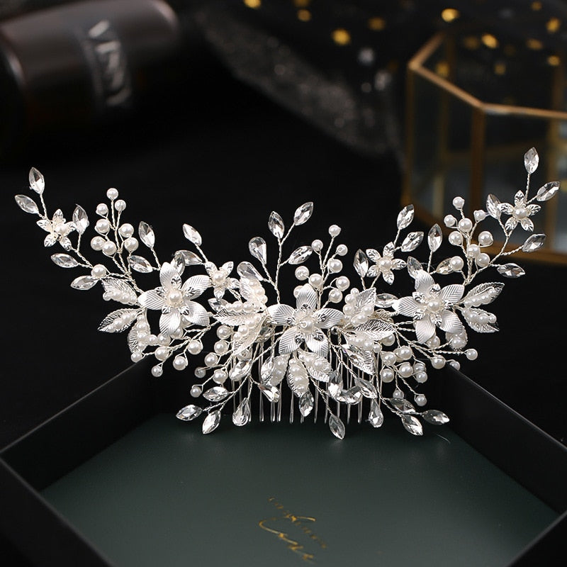 Silver Flower Hair Comb Jewellery Girls Handmade Pearl Hair Pin Hair Comb Bridal Tiaras Wedding Hair Accessory Jewellery