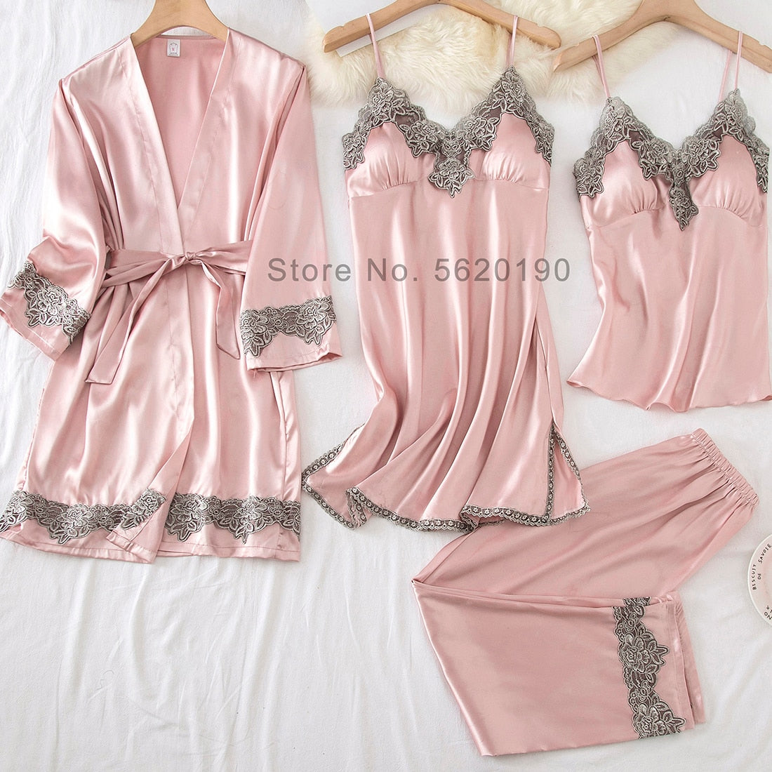 4pcs Satin Sleepwear Lady Pajamas Suit Nightie Robe Set Sexy Intimate –  Best Wedding Supplies