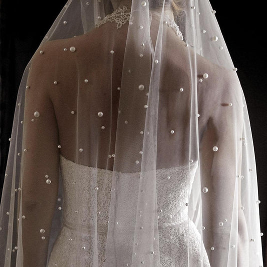 Pearls White Ivory Long Bridal Veil With Comb One Layer Cathedral Wedding Veil with Pearls Crystal Beads 75-300cm