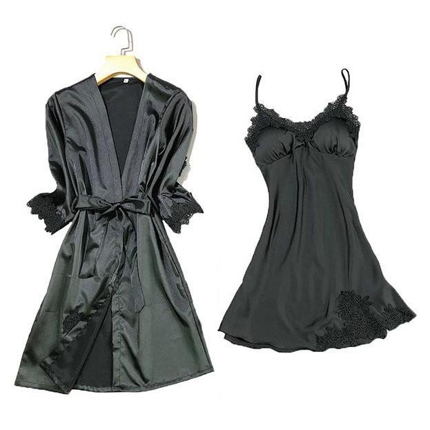 Sexy Black Sexy Nightie Camisole Set Robe