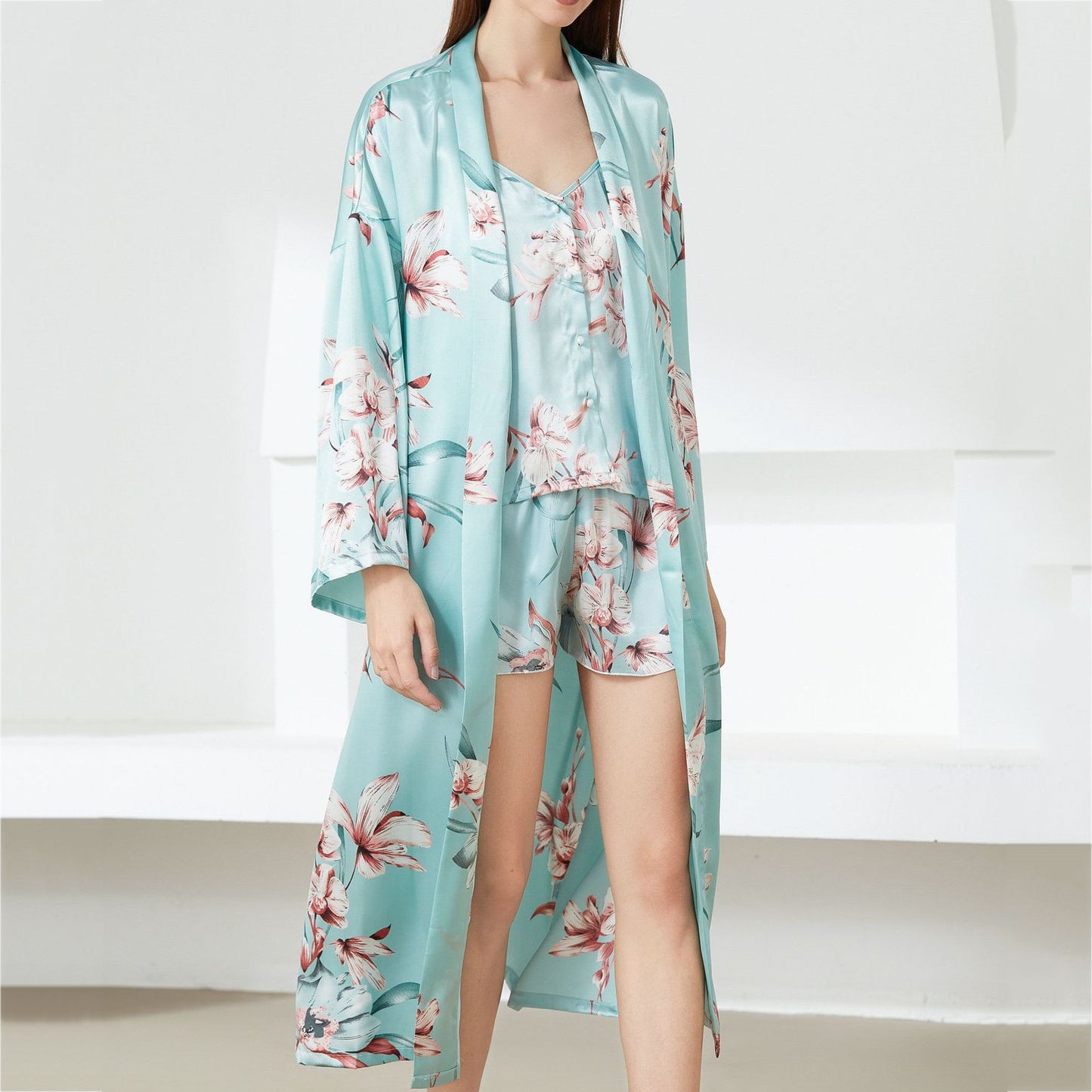 Floral Nighty Robe Suit Sleepwear Sexy Satin Kimono Gown Women Bathrobe Intimate Lingerie Nightwear Silky Nightgown