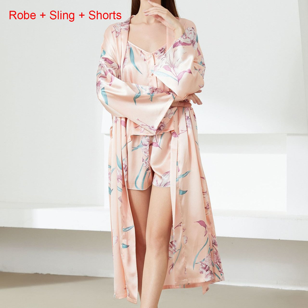 Floral Nighty Robe Suit Sleepwear Sexy Satin Kimono Gown Women Bathrobe Intimate Lingerie Nightwear Silky Nightgown