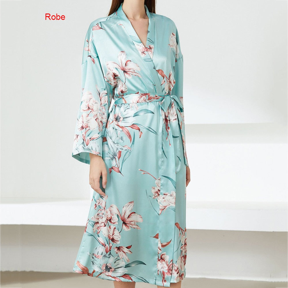 Floral Nighty Robe Suit Sleepwear Sexy Satin Kimono Gown Women Bathrobe Intimate Lingerie Nightwear Silky Nightgown