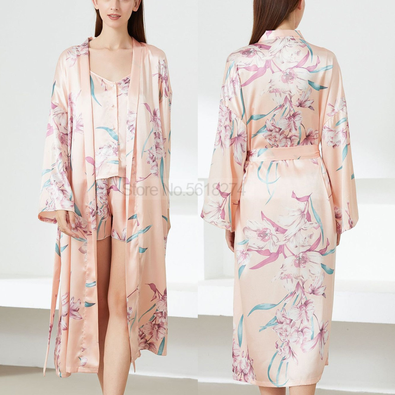 Floral Nighty Robe Suit Sleepwear Sexy Satin Kimono Gown Women Bathrobe Intimate Lingerie Nightwear Silky Nightgown