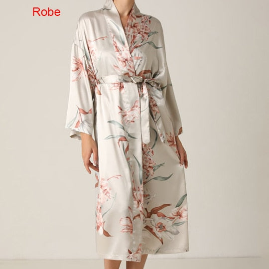 Floral Nighty Robe Suit Sleepwear Sexy Satin Kimono Gown Women Bathrobe Intimate Lingerie Nightwear Silky Nightgown