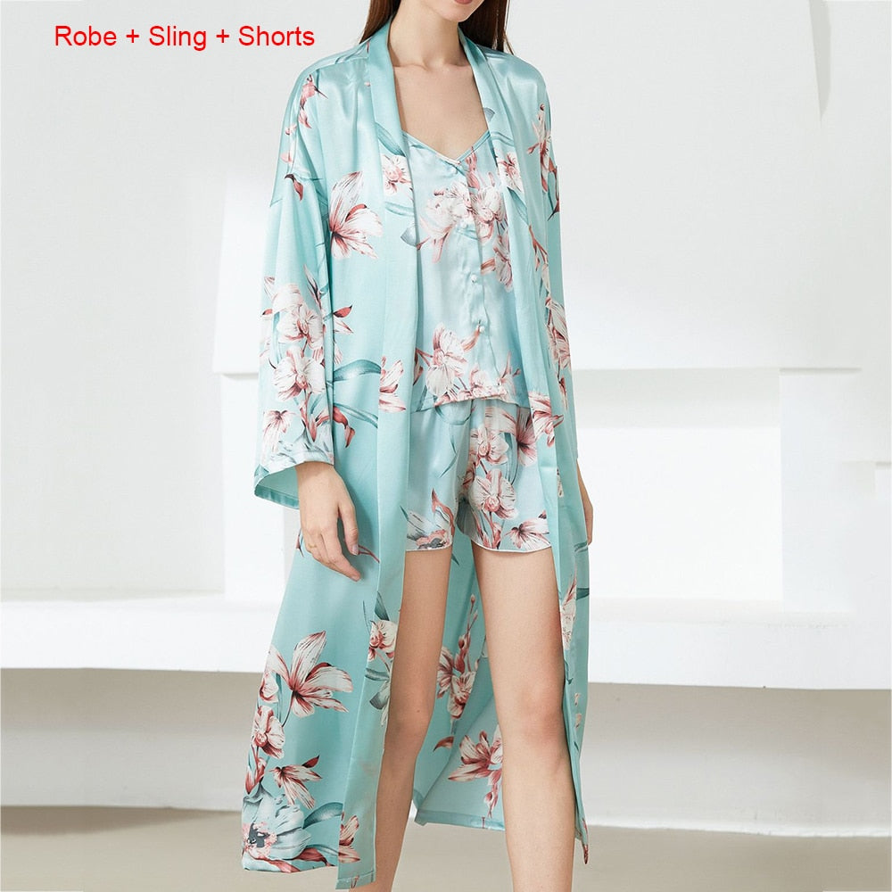 Floral Nighty Robe Suit Sleepwear Sexy Satin Kimono Gown Women Bathrobe Intimate Lingerie Nightwear Silky Nightgown