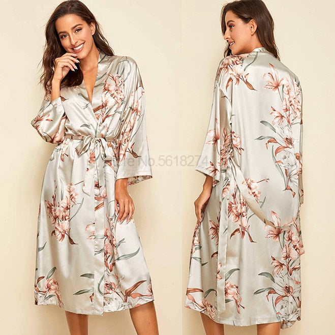 Floral Nighty Robe Suit Sleepwear Sexy Satin Kimono Gown Women Bathrobe Intimate Lingerie Nightwear Silky Nightgown