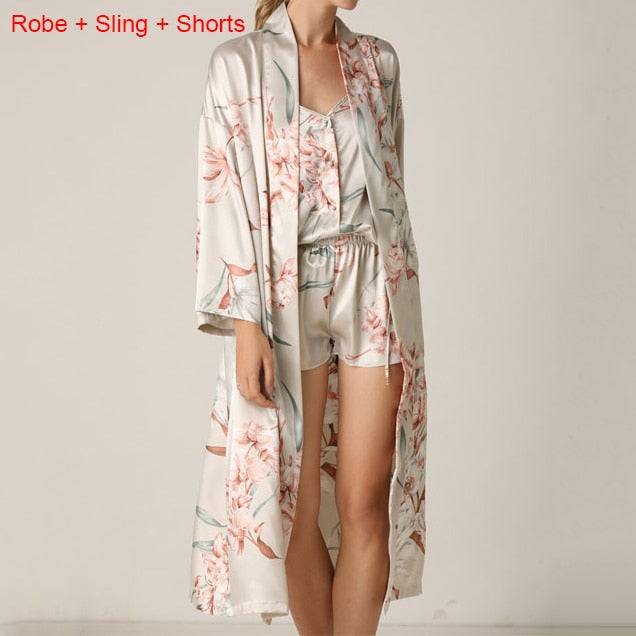 Floral Nighty Robe Suit Sleepwear Sexy Satin Kimono Gown Women Bathrobe Intimate Lingerie Nightwear Silky Nightgown