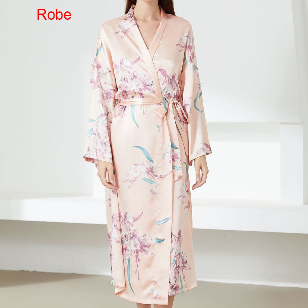 Floral Nighty Robe Suit Sleepwear Sexy Satin Kimono Gown Women Bathrobe Intimate Lingerie Nightwear Silky Nightgown