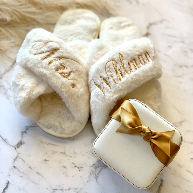 Fluffy Bridal Slippers Gold Font Sydney