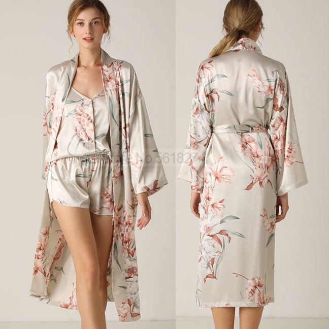 Floral Nighty Robe Suit Sleepwear Sexy Satin Kimono Gown Women Bathrobe Intimate Lingerie Nightwear Silky Nightgown